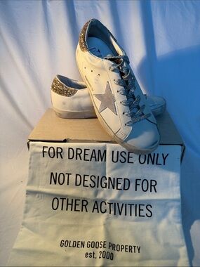 Golden Goose White Leather Sneakers with Gold Glitter Heel and Silver Star